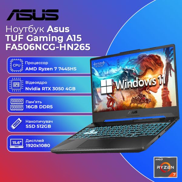 Новый ноутбук ASUS TUF Gaming A15 FA506NCG Graphite Black 15.6" FHD IPS 144 Гц Ryzen 7 7445HS RTX 3050 4GB 16GB DDR5 + 512GB SSD