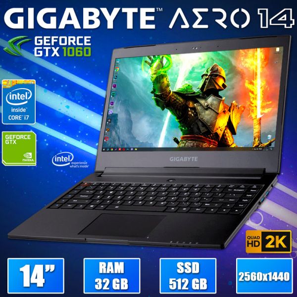 Тонкий Игровой Ноутбук Gigabyte Aero 14 14" QHD IPS i7 7700HQ GTX 1060 6GB 32GB 512GB SSD
