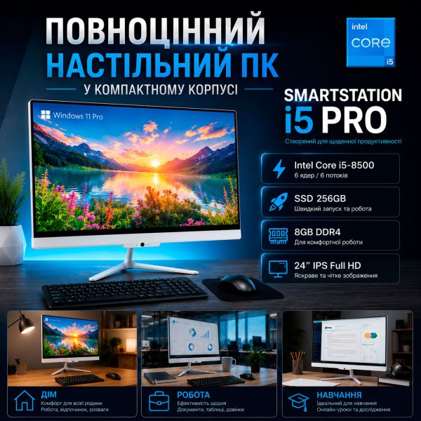 Мощный офисный Моноблок "SmartStation i5 Pro" 24''| Intel UHD graphics 630 | Intel i5-8500 |SSD 256GB | Wi-Fi | WIN11
