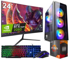 Игровой компьютер + Монитор 24" RYZEN 7 8 ядер + RTX 2060 SUPER 8GB +16GB DDR4+SSD M.2 Клавиатура +Мышка(ZEVS PC12720R)